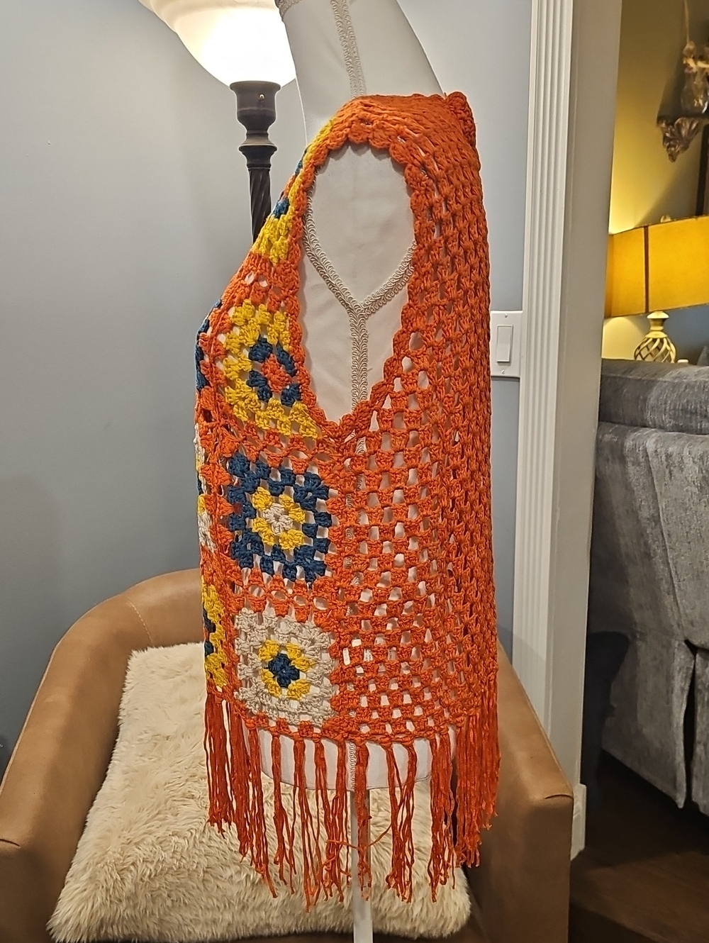 Umgee Orange Crochet Fringe Vest with Multicolor Squares L NWT - Picture 6 of 11